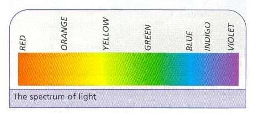 The spectrum of light is made up of 7 major colours: red, orange, yellow, green, blue,