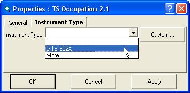 Selecting Instrument Type in the TS Obs Tab Selecting Instrument Type in the TS Obs Tab The TS Obs tab includes from and to point names, instrument and reflector heights, measured values, adjustment