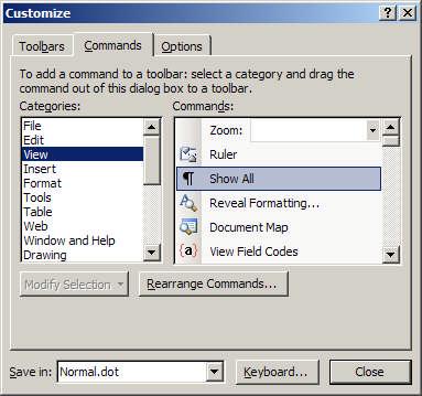 Formatting Options 2003 Show / Hide Formatting Symbols can be selected from the Standard Toolbar in Word 2003.