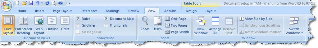 Formatting Options 2007 Show / Hide Formatting Symbols is located on the Home Command Tab in the Paragraph area. View the Ruler through the View Command Tab, and check the box for Ruler.
