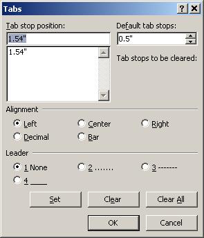 Formatting Options 2003 continued Tabs are set by a number of ways in Word 2003: through Format / Tabs by clicking on the symbol in the corner of the document until the desired tab stop is selected