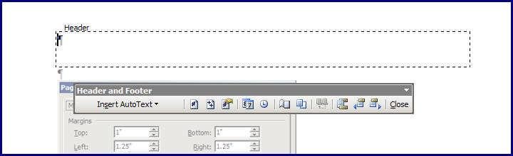 Page Setup Options 2003 continued The Header and Footer Toolbar opens along with the Header on the document.