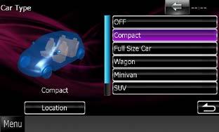 Controlling Audio Car type setup You can setup the car type and speaker network, etc. 1 Touch [Car Type] in the Audio SETUP screen.
