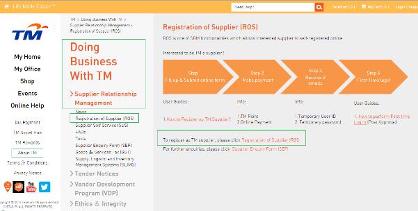 Step 1: Access the Registration of Supplier (ROS) Link Langkah 1: Masuk pautan Pendaftaran Pembekal (ROS) Logon to Registration of Supplier (ROS) screen via TM Corporate website: Layari skrin