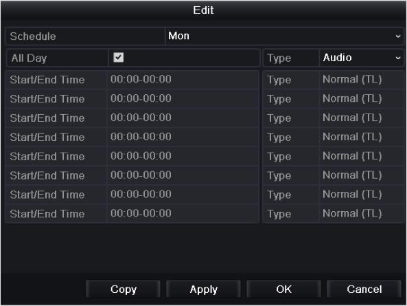 Figure 5.29 Edit Schedule- Audio Events 10) In the message box, you can choose the day to which you want to set schedule. 11) Set the Type as Audio.