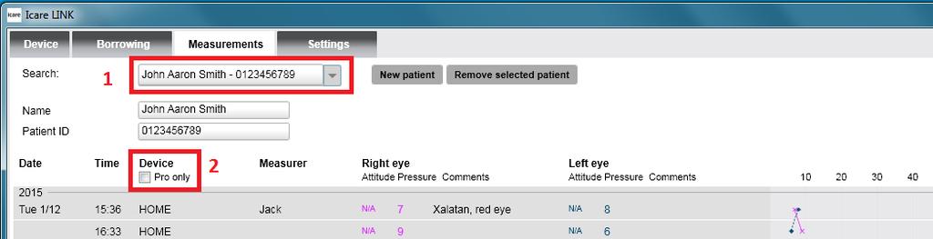 To view the measurements in the measurement database: 1. On the Measurements tab, select the patient from the Search drop-down list. LINK displays all the existing measurements for the patient. 2.