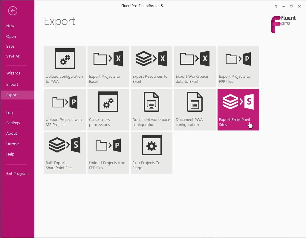 Export SharePoint Sites Export SharePoint Sites wizard is designed to assist with exporting SharePoint sites to a specified PWA. To start the wizard click File Export Export SharePoint Sites.