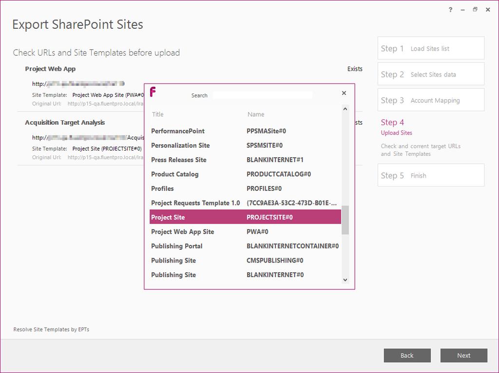2017/12/01 18:18 10/15 Export SharePoint Sites Resolve Site Templates by EPTs option allows to set a site template according to the EPT on the target PWA.