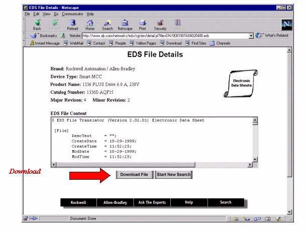 By clicking on Rockwell Automation/Allen-Bradley next to the chosen product description in Figure 4.8, an EDS File Details screen appears (Figure 4.9).