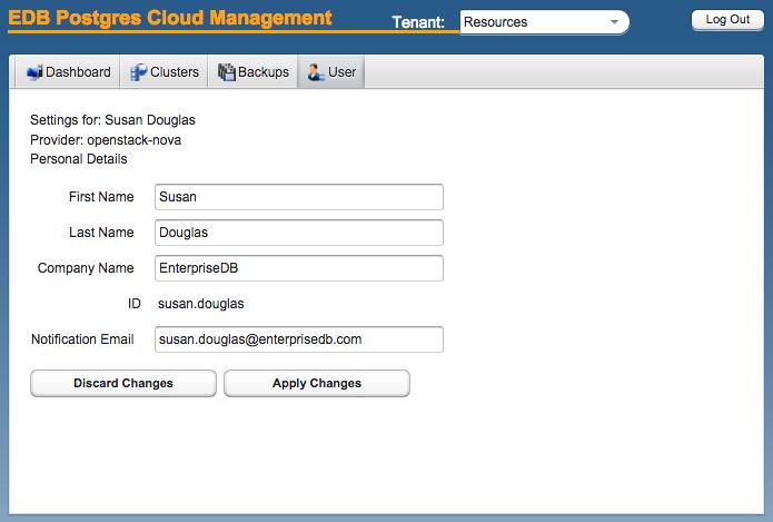 3.4 The User Tab Fields on the User tab (shown in Figure 3.12) allow you to view or modify information about the current user. Figure 3.12 - The User tab of the Cloud Management console.