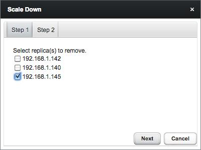 8.2 Manually Removing a Replica Cloud Management's Scale Down dialog makes it simple to manually remove one or more unneeded replicas from a cluster.