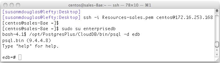 Invoking edb-psql (or psql) on a Cloud Management Server To use a copy of the psql client that resides on the Cloud Management host, first connect to the cluster using ssh: ssh -i/path/ssh_key