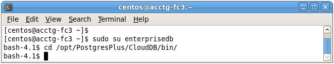 cd /opt/postgresplus/clouddb/bin On a PostgreSQL host: cd /opt/postgresql/clouddb/bin Figure 12.9 Navigate into the bin directory.