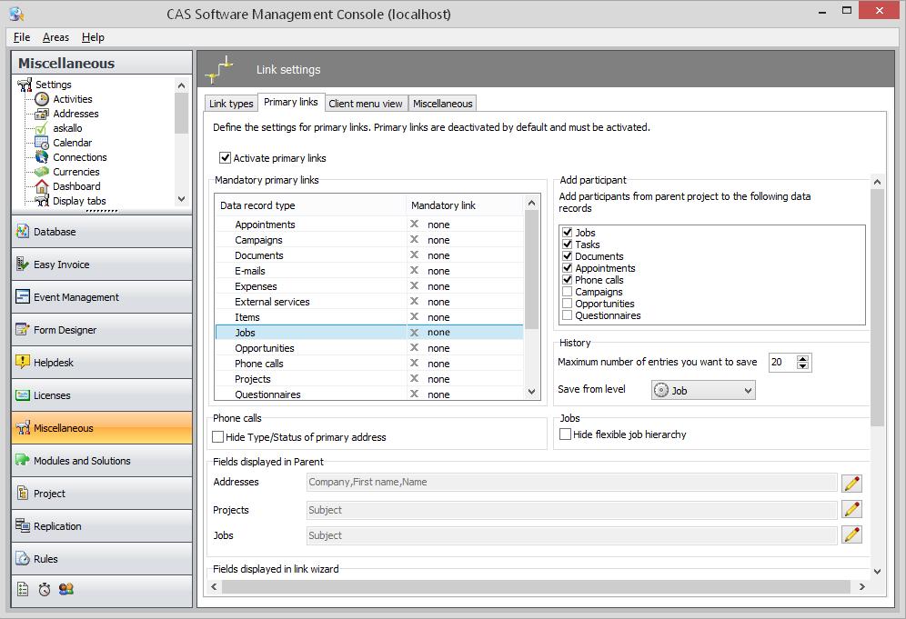 Installation and setup Customizing CAS genesisworld You will find the link settings in the Miscellaneous area of the Management Console and on the Links page of the online help for the Management