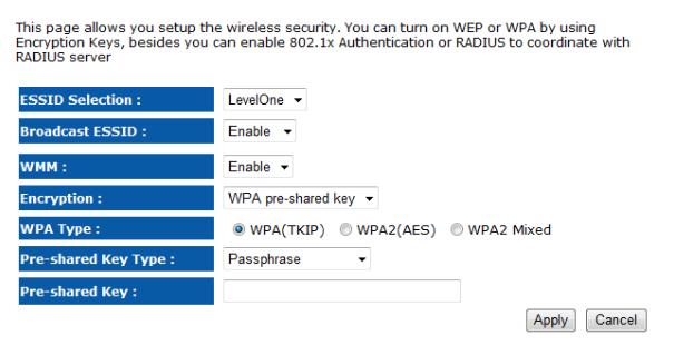 Encryption: WPA pre-shared key ESSID Selection: As this device supports multiple SSIDs, it is possible to configure a different security mode for each SSID (profile).