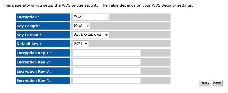 Security Encryption: Security: Disabled Encryption: WEP Key Length: Select a 64-bit or 128-bit WEP key length from the drop-down list. Key Format: Select a key type from the drop-down list.