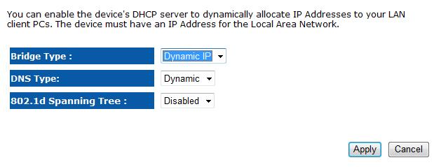 Dynamic IP (Only work with AP Mode) Bridge Type: Select Static IP or Dynamic IP from the drop-down list. If you select Static IP, you will be required to specify an IP address and subnet mask.