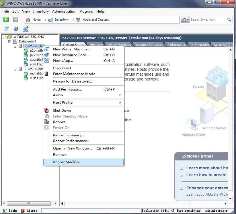 4. Right-click the target server to which you want to migrate and click Import Machine, as shown in Figure 3-35.
