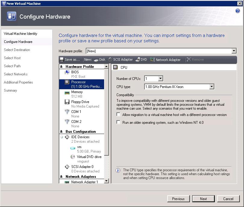 3. In the Configure Hardware window, customize the virtual hardware configuration and virtual machine type (virtual machine or virtual appliance), as