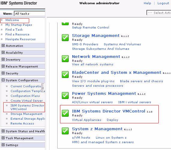 8. In the left navigation pane, click System Configuration IBM System Director VMControl, as shown in Figure 3-76.