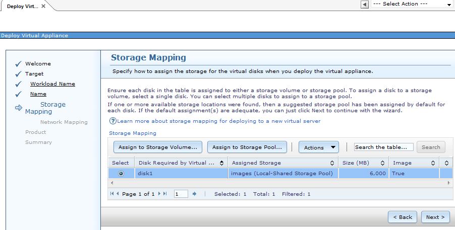 25.In the Storage Mapping window, assign the storage pool for the virtual disks when the virtual appliance is deployed, as shown in