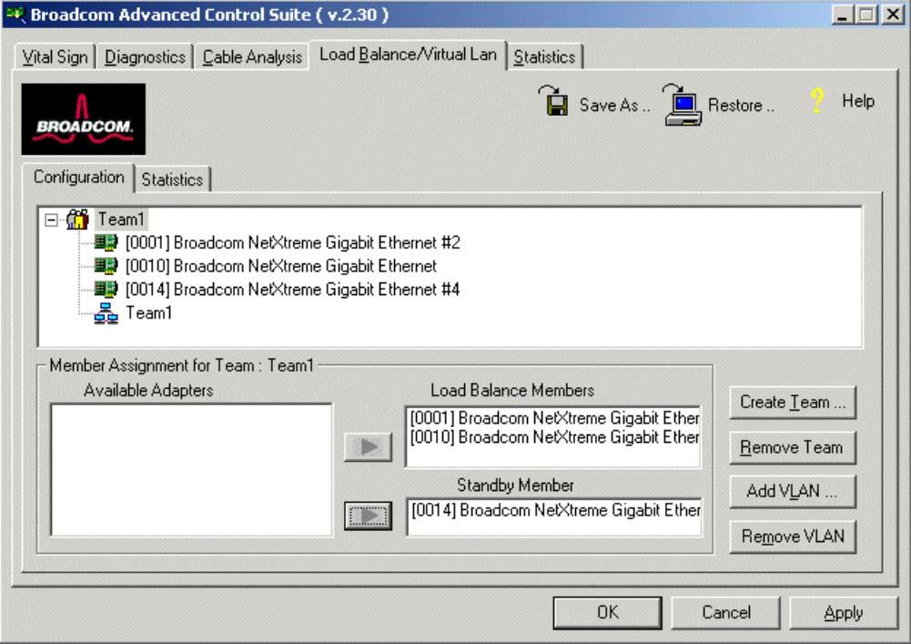 Using a Broadcom adapter as an example, the Broadcom Advanced Control Suite can be used to create and manage the network teaming setting.