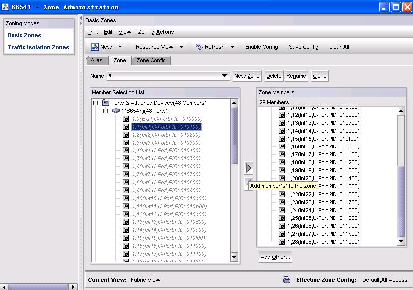 4. In the Task window on the left side of the interface, click Zone Admin. Add one new zone and place all of the ports into the zone, as shown in Figure 2-52.