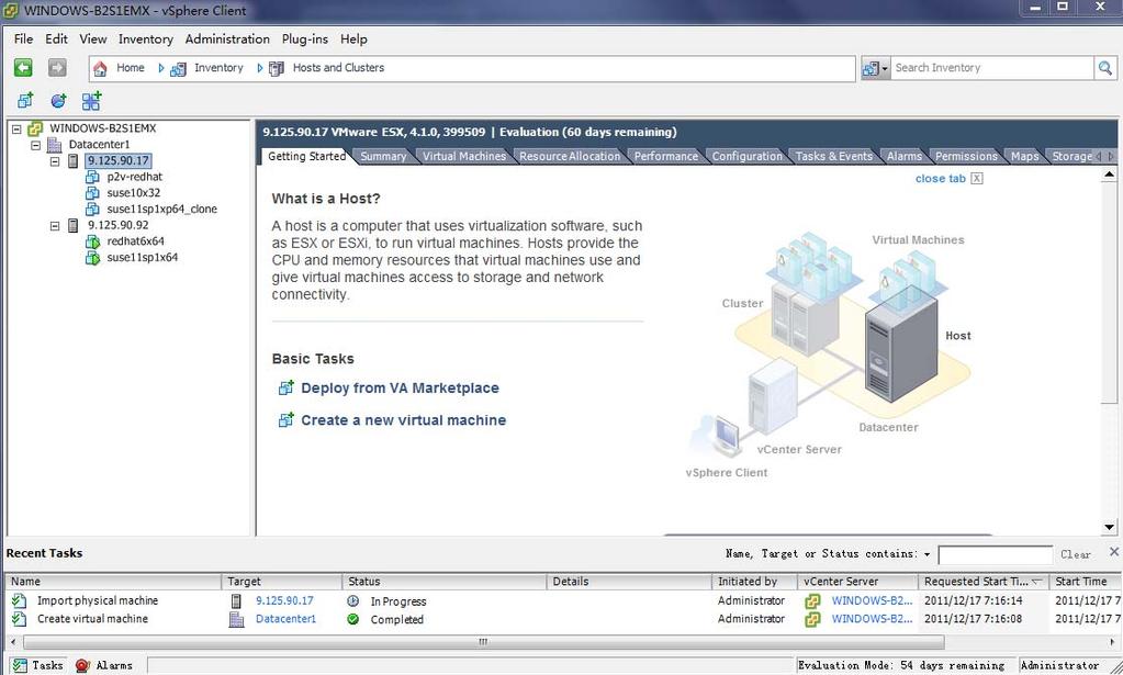 The main vcenter console opens, as shown in Figure 3-24. Figure 3-24 vcenter console 4. If you are using vcenter for the first time, right-click Hosts & Clusters and click Add Datacenter.