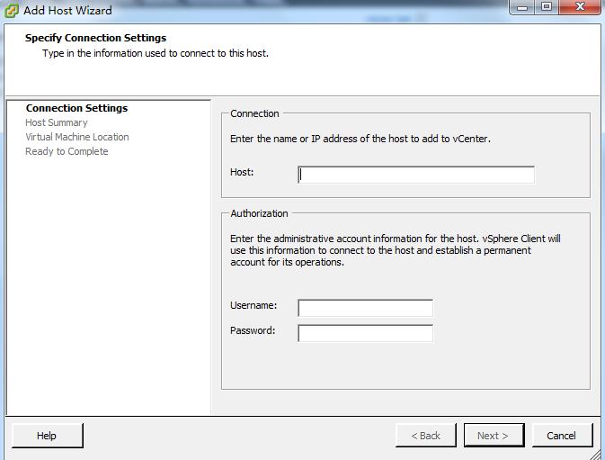 6. As shown in Figure 3-25, in Connection Settings, enter the fully qualified Host name of the VMware source Server and the Username