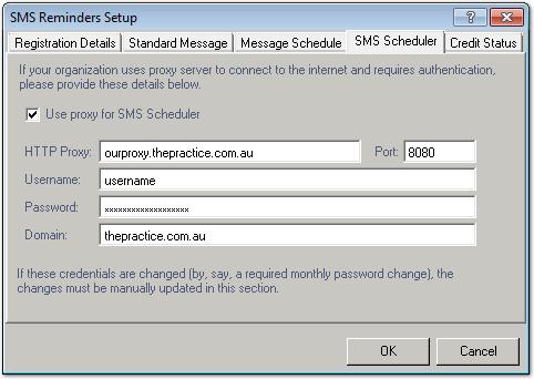 B. Configuring your proxy in order to send scheduled SMS messages. 1. Within Blue Chip select SMS > Setup SMS Reminders. 2. Select the SMS Scheduler tab. 3.