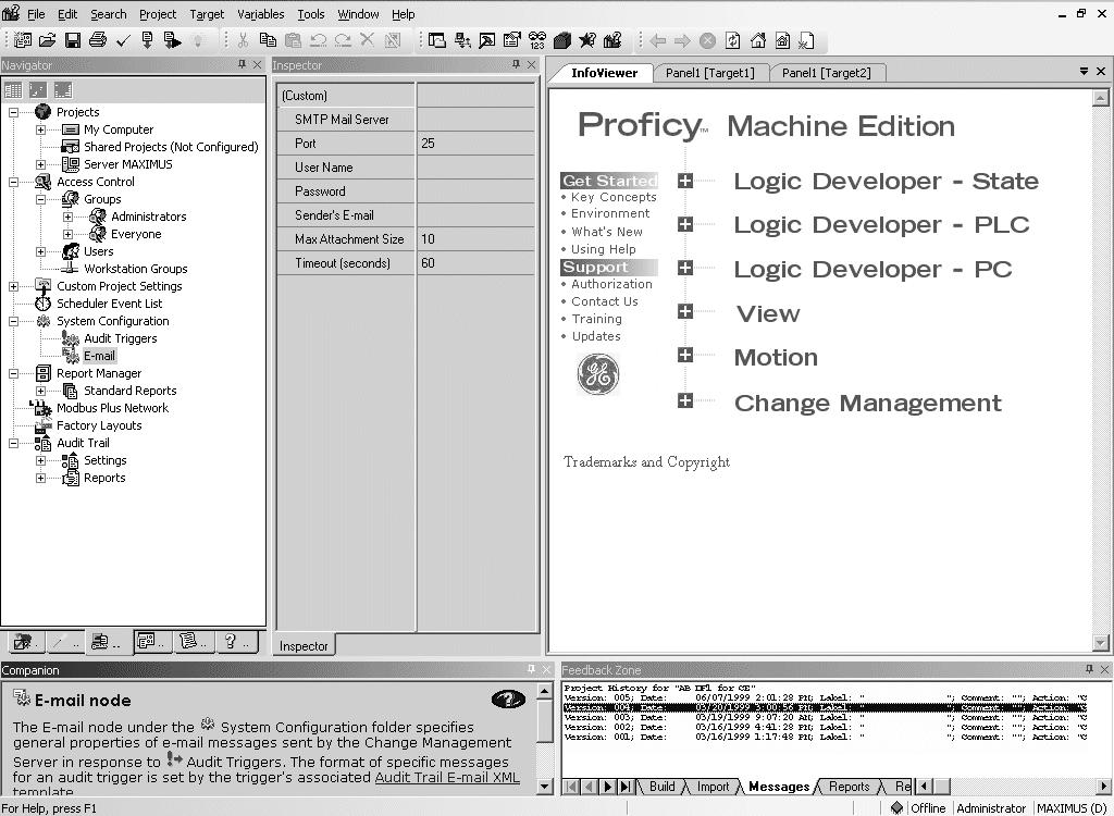 Proficy Change Management Environment The Machine Edition Environment Inspector: displays the properties of a selected object.