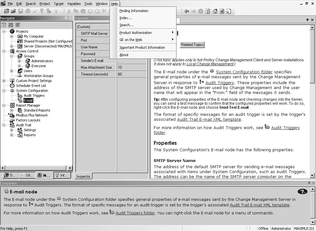 Proficy Change Management Environment Getting to Know Machine Edition Change Management provides two kinds of help windows to display help information: the Companion and the InfoViewer.