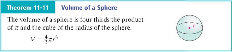 11 6 Surface Areas and Volumes of Spheres Find the surface area and volume of a sphere Vocabulary: Sphere Center,