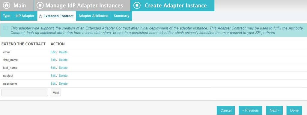 7. On the Extended Contract tab, add attributes (such as email, subject,