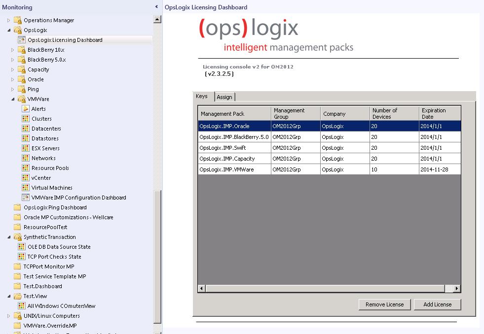 7.5 Assigning a license to the OpsLogix VMware Management Pack In order to import a license you should have received a valid license key from OpsLogix.