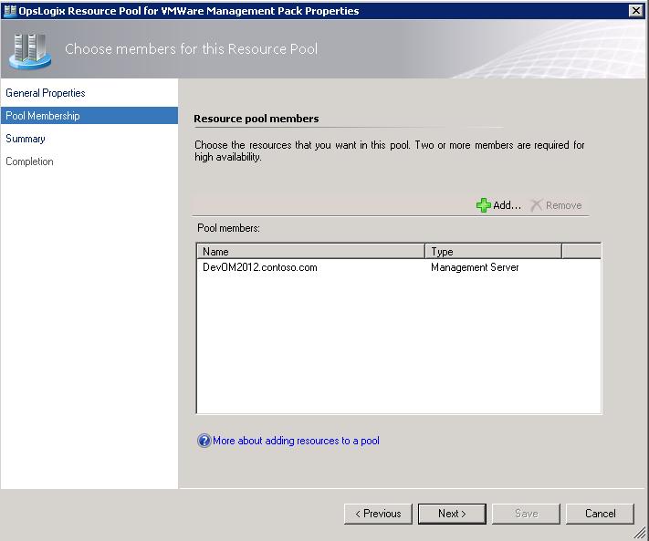 Note: All Management Servers in the OpsLogix Resource Pool for VMWare Management Pack must be
