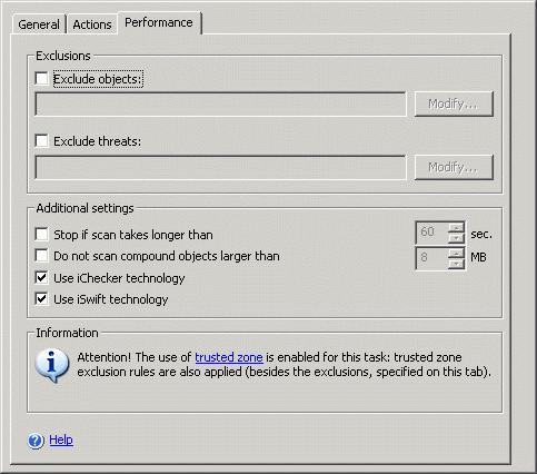 Trusted zone 127 Figure 48. The Security Settings dialog box of the On-demand scan task, the Performance tab 5.