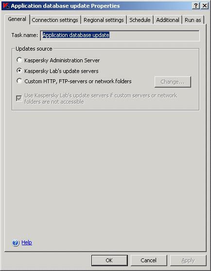 146 Kaspersky Anti-Virus 6.0 for Windows Servers Enterprise Edition Figure 58. The Task properties dialog box, General tab 4.