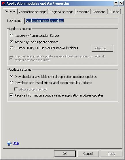 Updating Anti-Virus bases and application modules 151 Figure 62. The Application modules update Properties dialog box, the General tab 5.