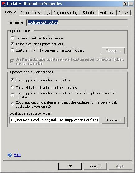 152 Kaspersky Anti-Virus 6.0 for Windows Servers Enterprise Edition 10.5.3. Configuring Download updates task settings In order to configure Updates distribution task settings: 1.