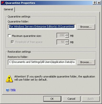 170 Kaspersky Anti-Virus 6.0 for Windows Servers Enterprise Edition Figure 69. The Quarantine Properties dialog box 2.