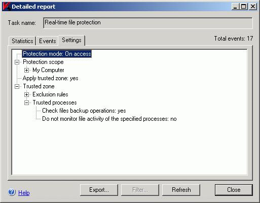 194 Kaspersky Anti-Virus 6.0 for Windows Servers Enterprise Edition To view task settings, open the Settings tab in the Detailed report dialog box (see. Figure 80)