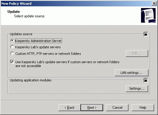 266 Kaspersky Anti-Virus 6.0 for Windows Servers Enterprise Edition Figure 98. The Update dialog box b) Press the LAN settings button.