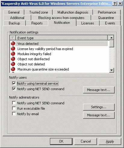 Configuring Anti-Virus in the Application Settings Dialog BOx 295 20.6.2. Configuring administrator's and users' notifications on the Notification tab In order to configure notifications: 1.