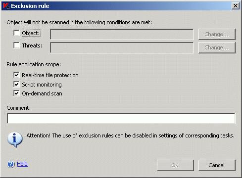 300 Kaspersky Anti-Virus 6.0 for Windows Servers Enterprise Edition Figure 119. The Exclusion rule dialog box 3. Specify the rule using which Anti-Virus will exclude the object.