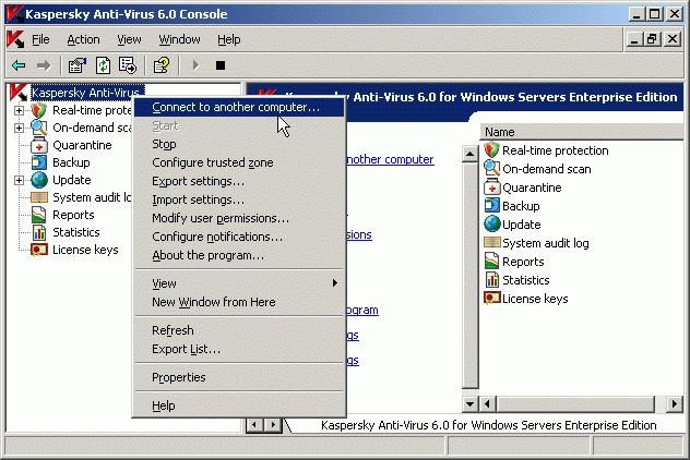 32 Kaspersky Anti-Virus 6.0 for Windows Servers Enterprise Edition If you started the Anti-Virus console on the protected server, the console window (see Figure 1) will open. Figure 1. The Anti-Virus console window 2.