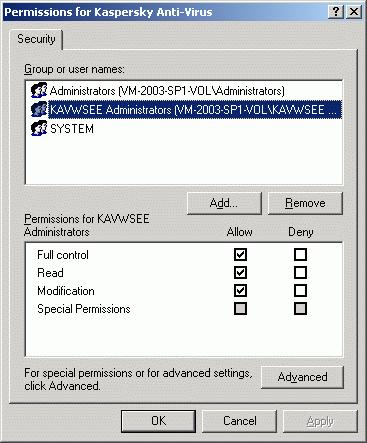 Working with Anti-Virus Console in MMC and Access to Anti-Virus Functions 37 Figure 4. The Permissions dialog box 2. Perform the following in the Permissions dialog box.