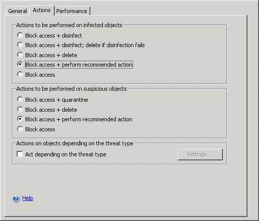 Real-time protection 77 Figure 21. The Settings dialog box, the Actions tab Perform the following on the Performance tab if necessary (see Figure 22): o Excluding objects (see A.3.8 on pg.
