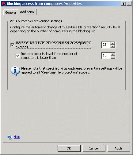 Blocking Access from Computers in the Real-Time File Protection Task 93 In order to enable / disable Virus outbreak prevention: 1.