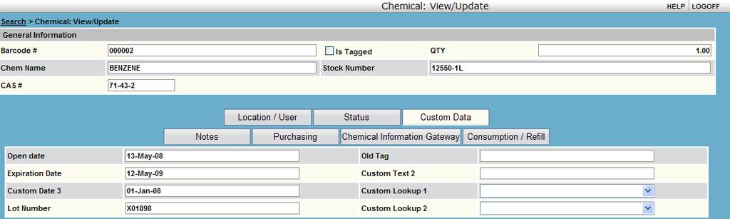 Status for Inventory Item Custom Data Tab Use the Custom Data tab page to view or update the custom text, custom date, and